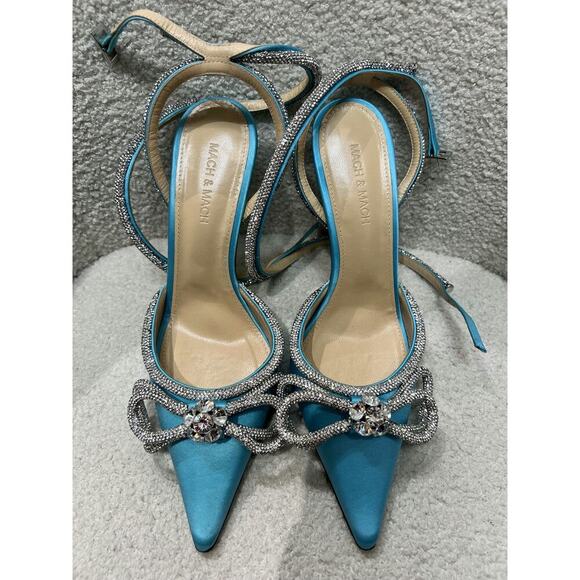 Mach & Mach Crystal Embellished Double Bow Heels Blue Satin, Size 38 - Like New - Picture 5 of 9